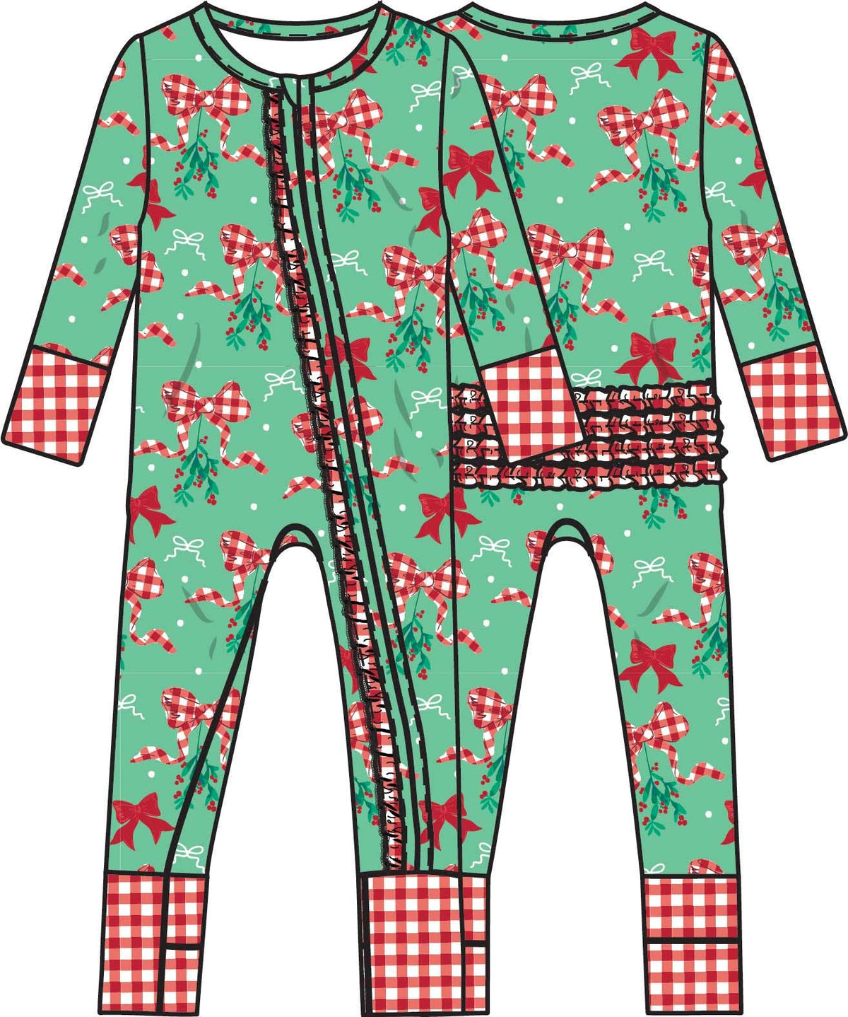 SoftSnooze™ Baby Girls Bamboo Viscose Christmas Mistle-bows Convertible Ruffle One Piece Footie Pajama