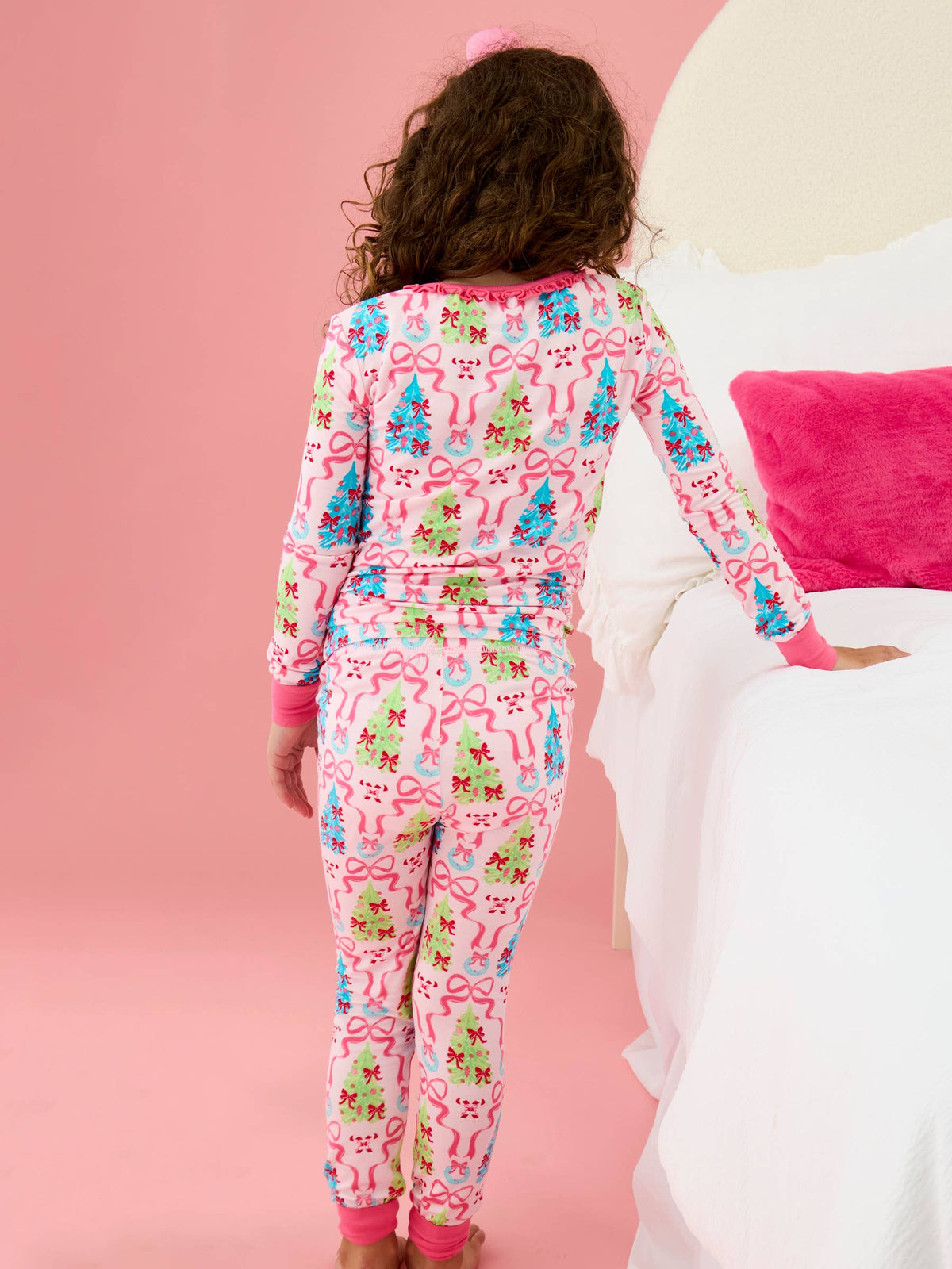 SoftSnooze™ Girls Bamboo Viscose Merry & Bright Christmas Bows Ruffle Long Sleeve Pajama Set