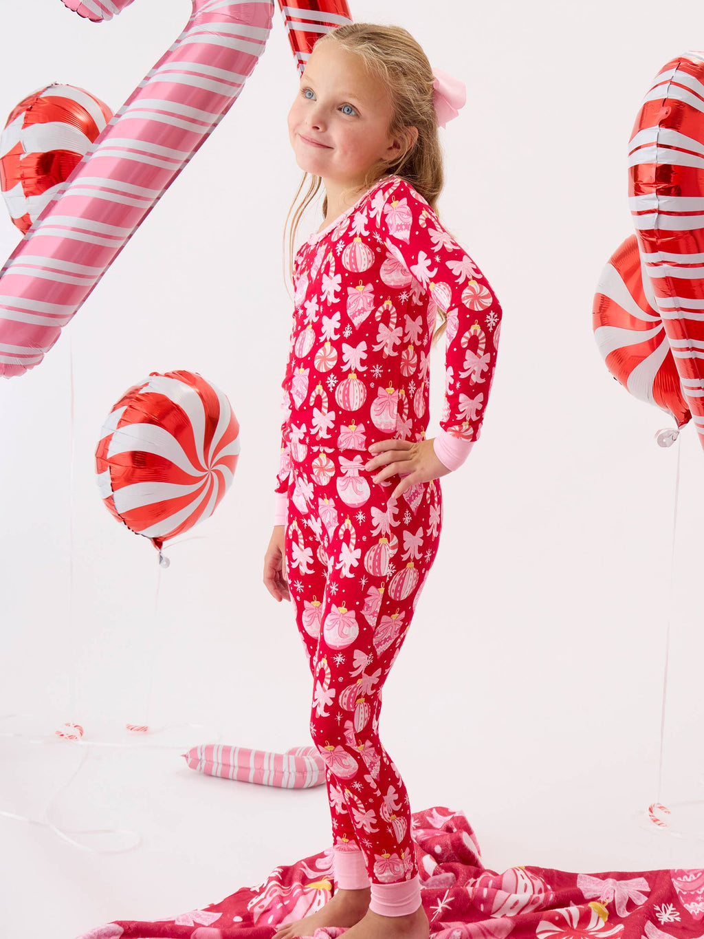 SoftSnooze™ Girls Bamboo Viscose Red Holly Christmas Ornament Bows Ruffle Long Sleeve Pajama Set