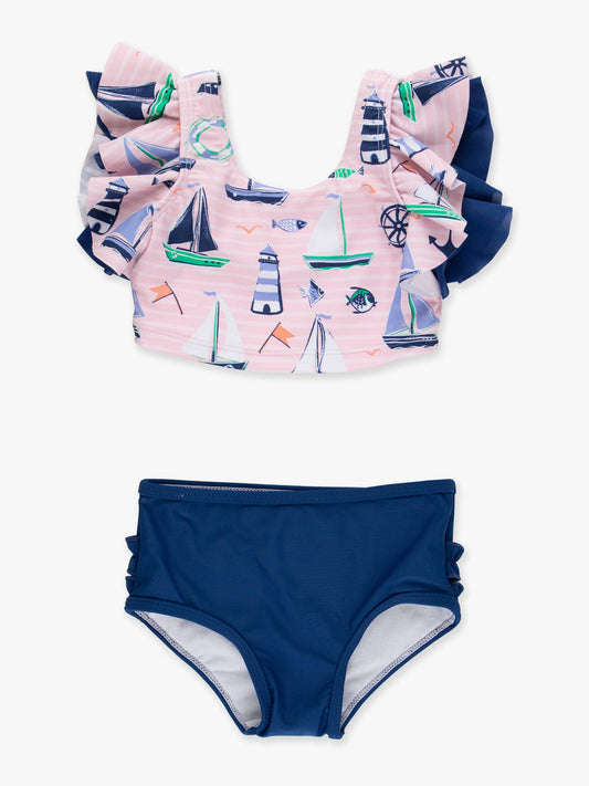 Girls Pink Sweet Sails Butterfly Tankini 2-Piece Swimsuit with Signature Rear Ruffles
