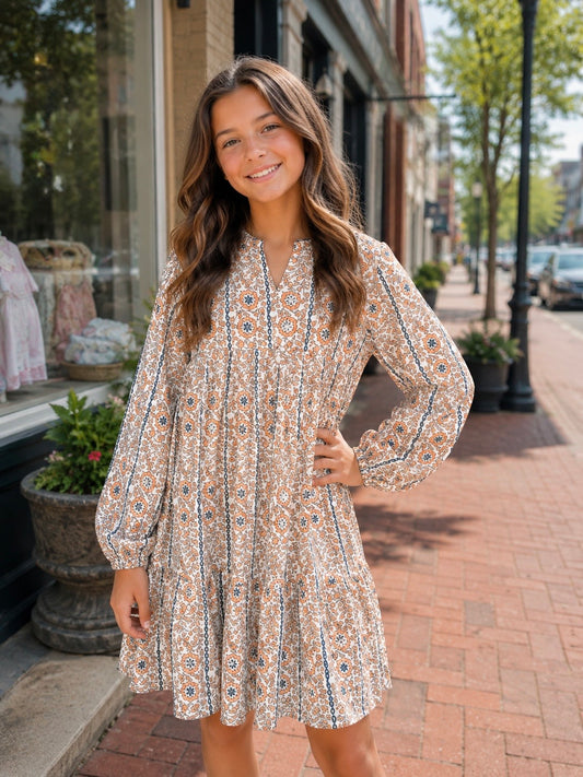Long sleeved positano dress- Verbier vines orange