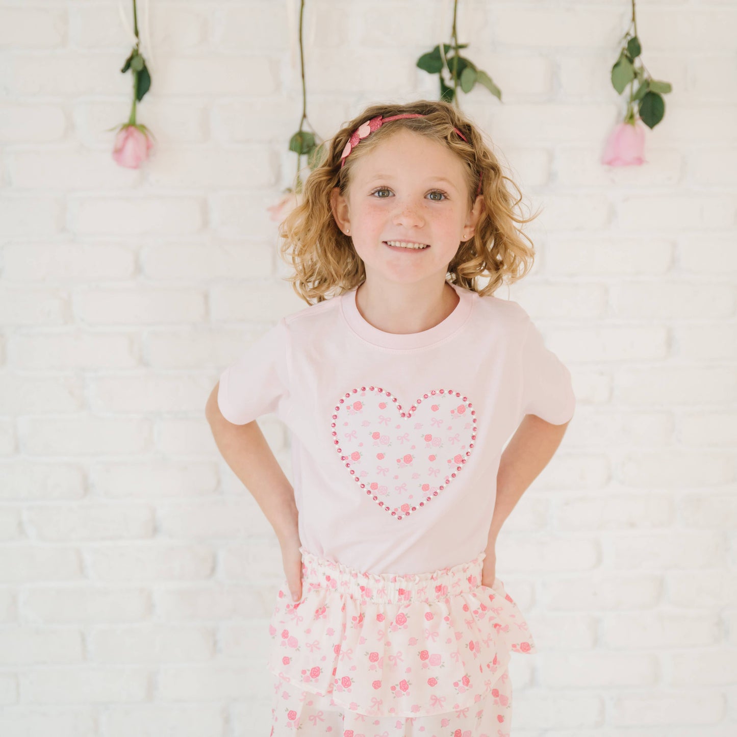 Dainty Rose Pearl Heart Patch Short Sleeve T-Shirt - Kids