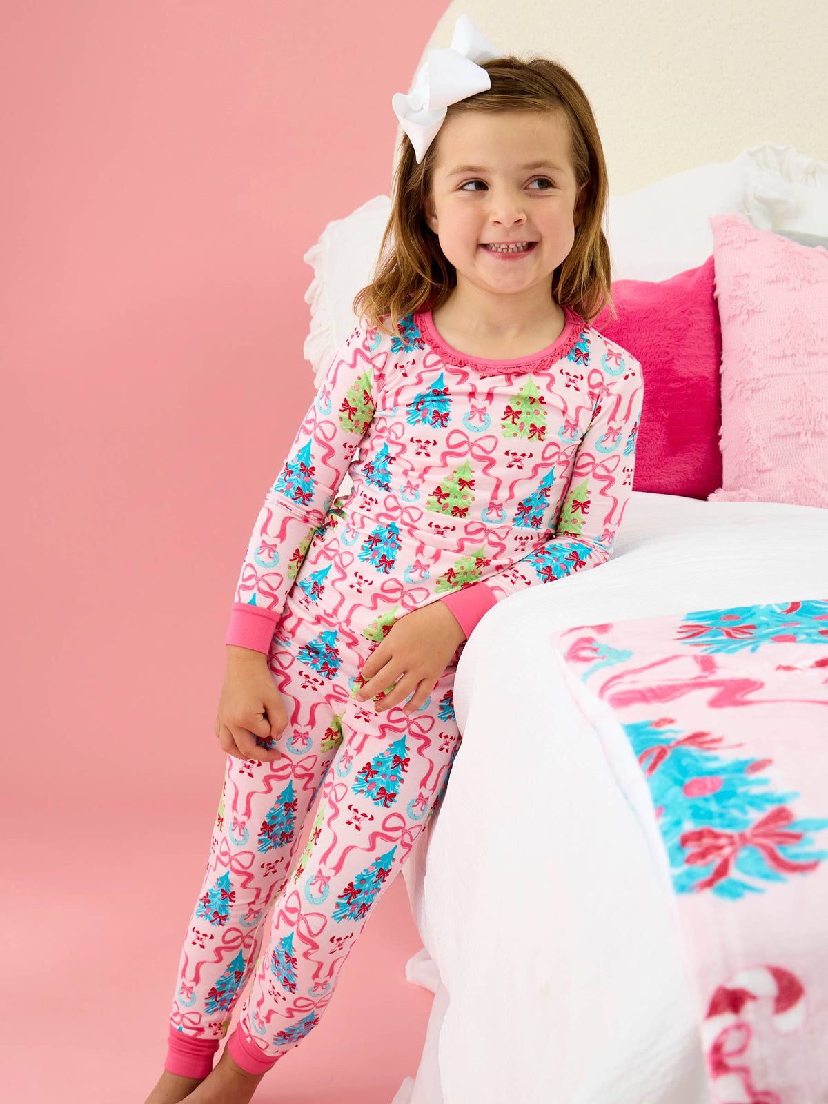 SoftSnooze™ Toddler Girls Bamboo Viscose Merry & Bright Christmas Bows Ruffle Long Sleeve Pajama Set with Signature Rear Ruffles