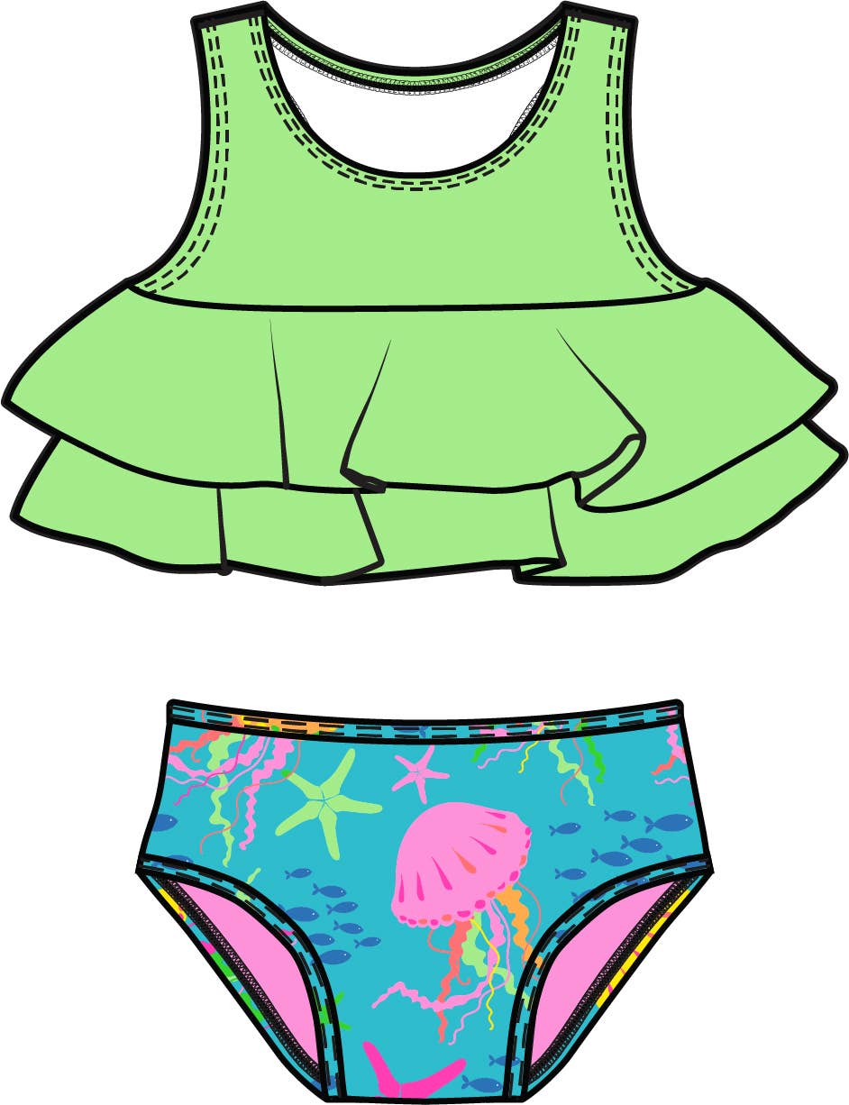 Girls Neon Jelly Time Flounce Bikini 2-Piece Swimsuit with Signature Rear Ruffles