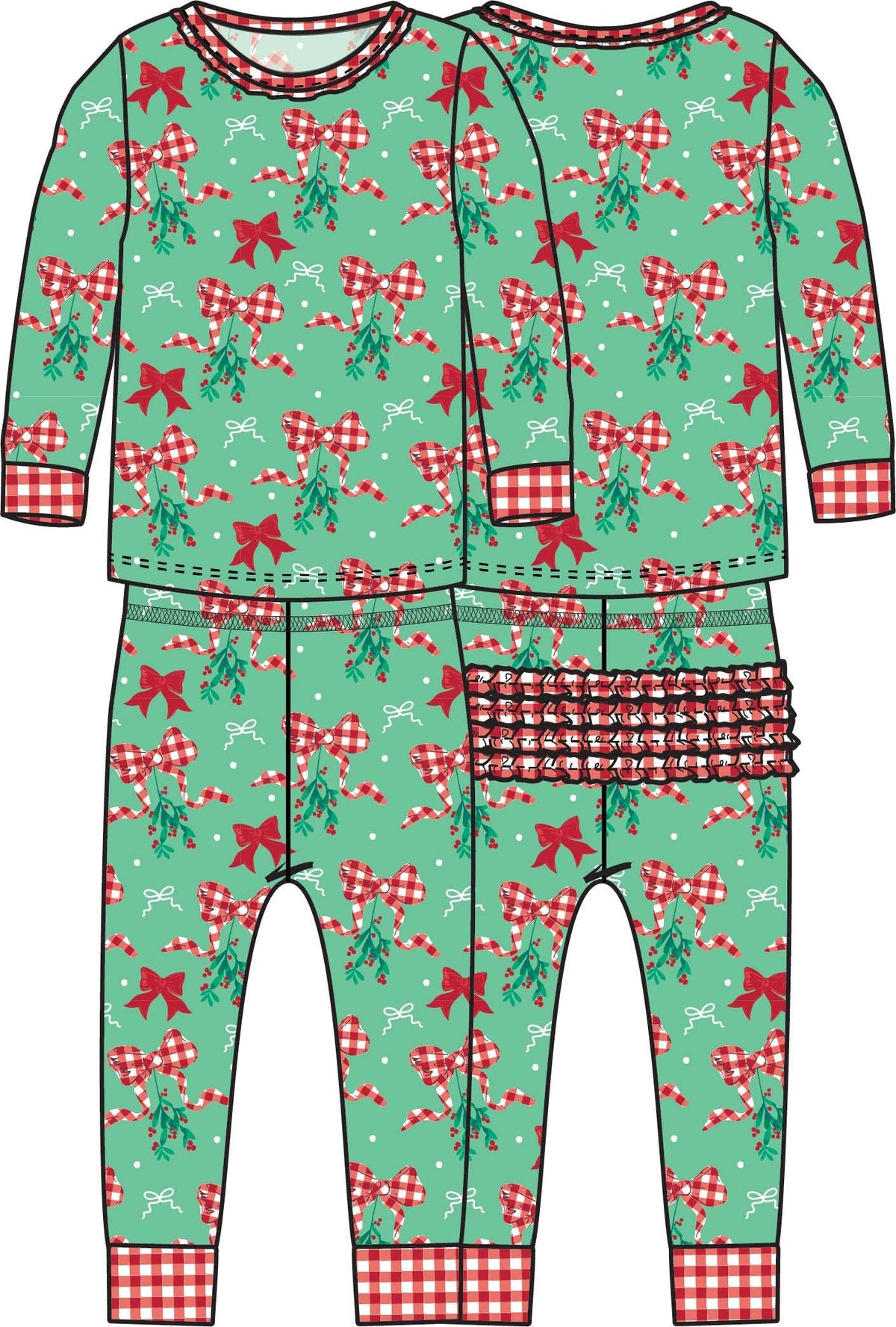 SoftSnooze™ Toddler Girls Bamboo Viscose Christmas Mistle-bows Ruffle Long Sleeve Pajama Set with Signature Rear Ruffles