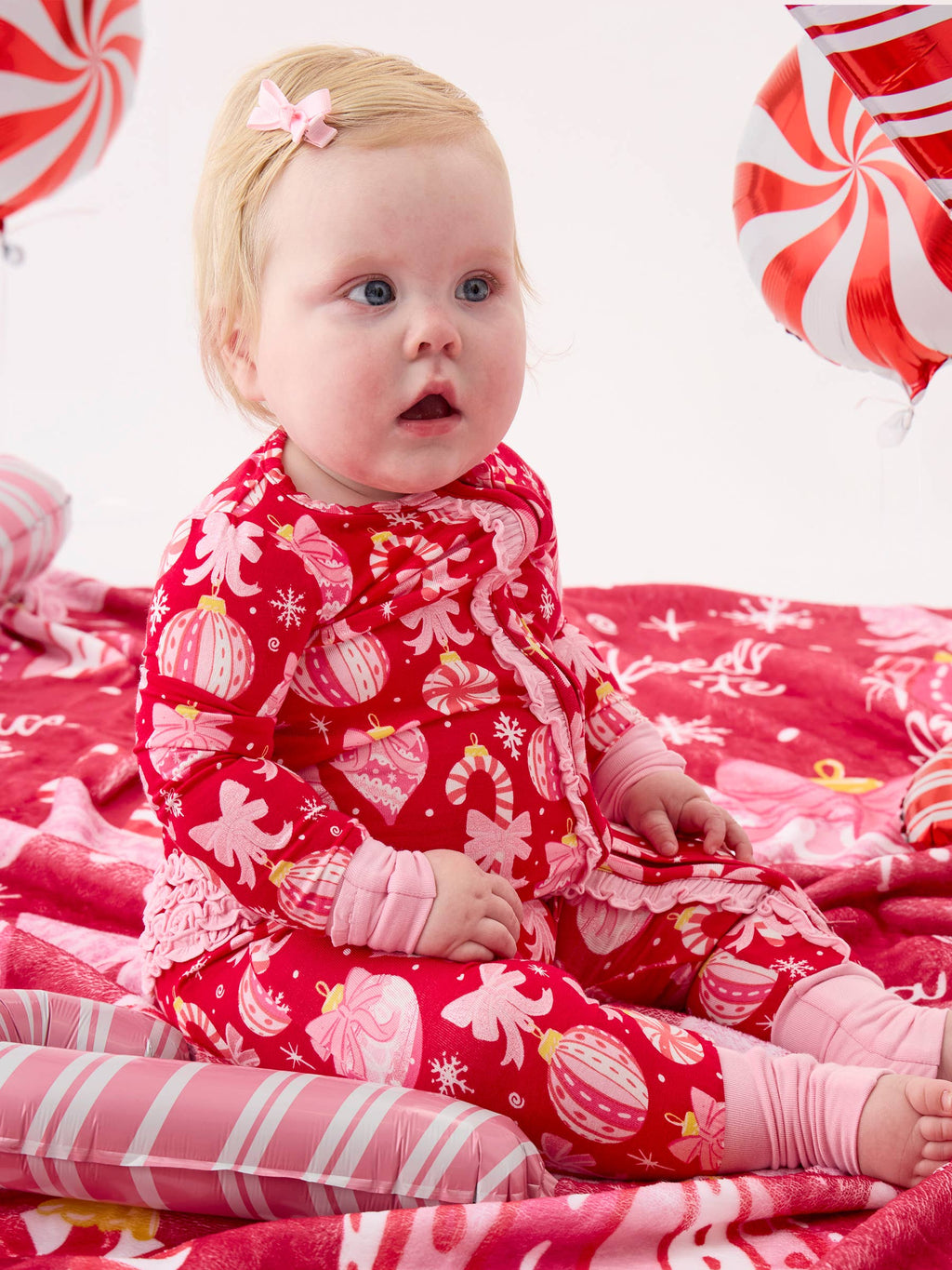SoftSnooze™ Baby Girls Bamboo Viscose Red Holly Christmas Ornament Bows Convertible Ruffle One Piece Footie Pajama