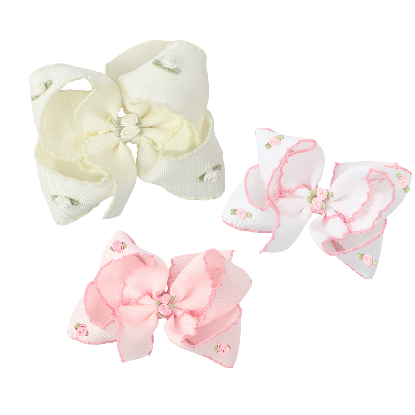 FLOWER EMBELLISHED CROCHET EDGE BOW ON ALLIGATOR CLIP