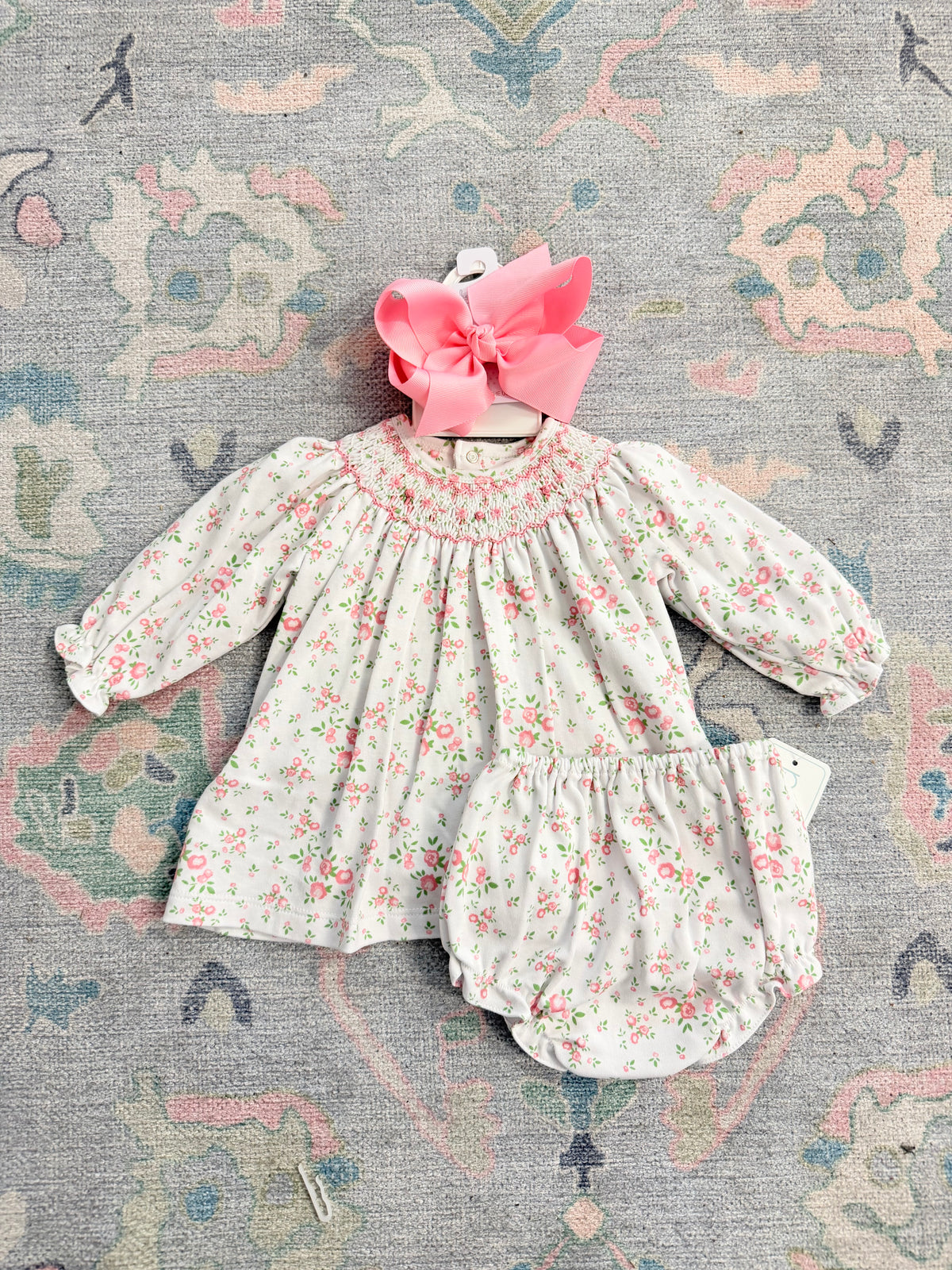 Tiny rosebud smocked dress with bloomers