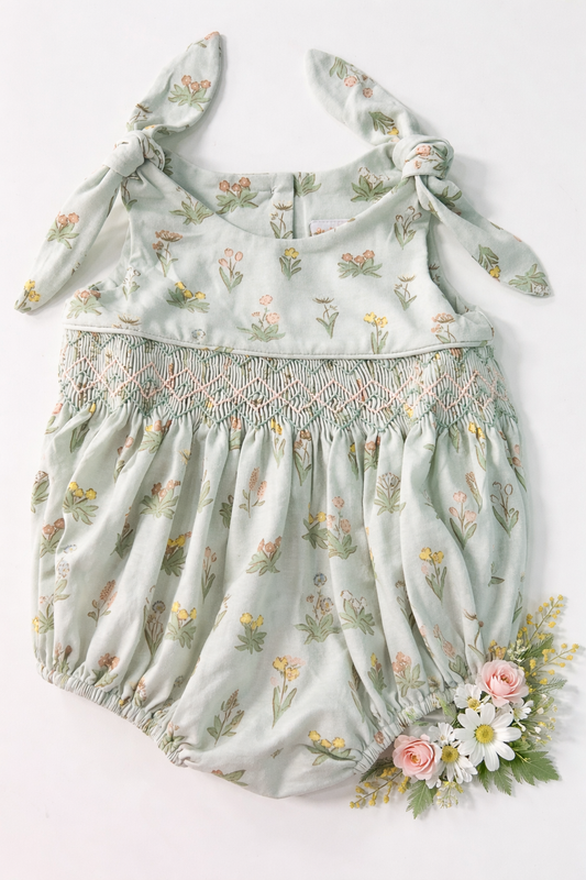 Muted Floral Smocked Tie Bubble