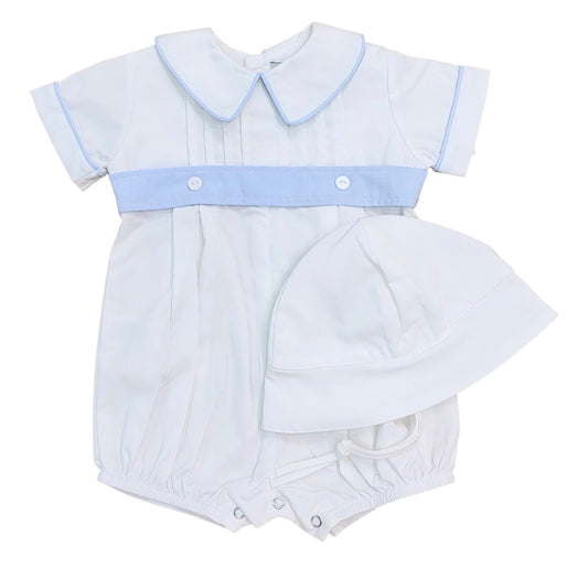 White pleated w/blue belt infant set