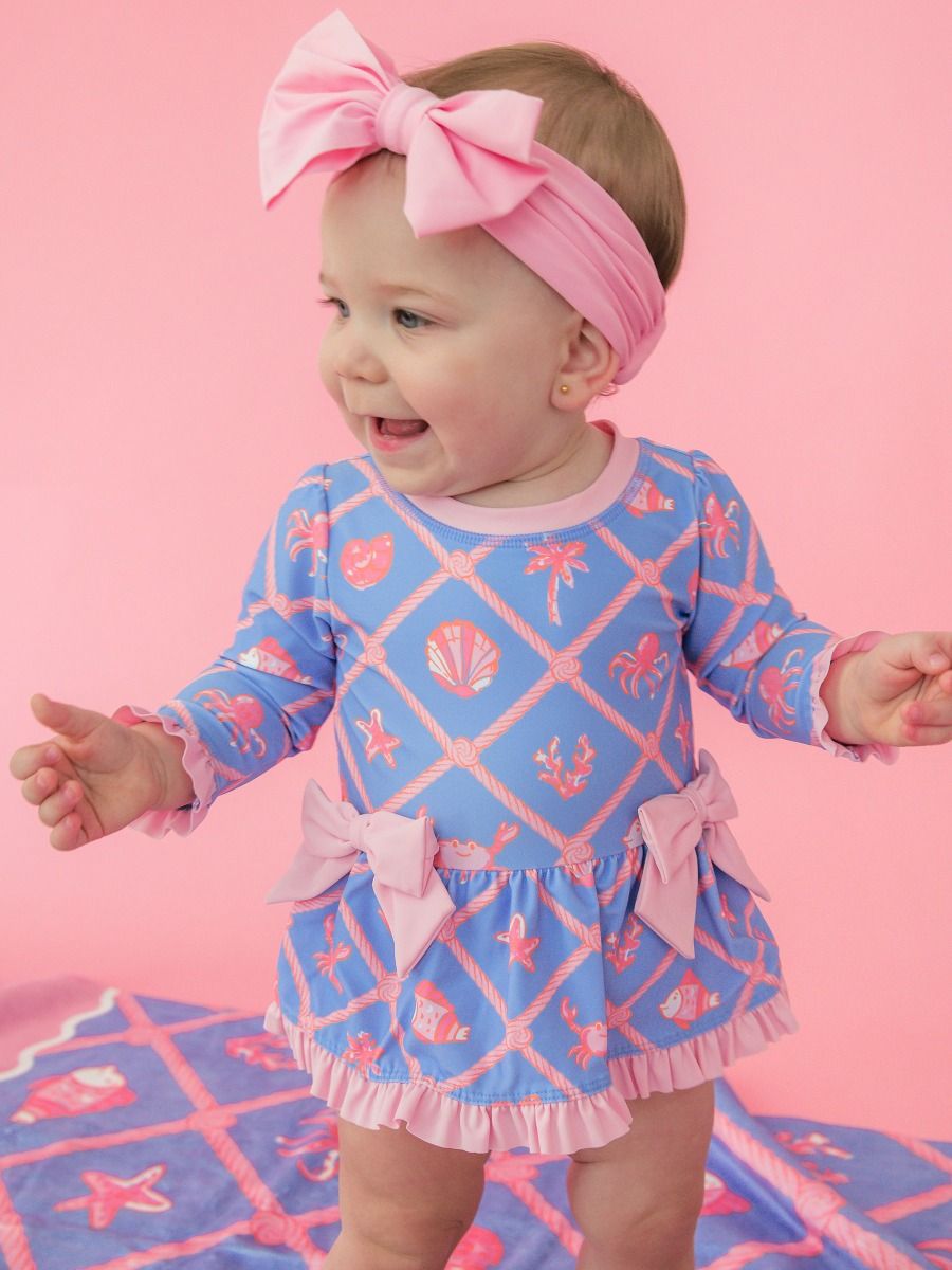 Long Sleeve One Piece Bow Peplum Rash Guard Swimsuit