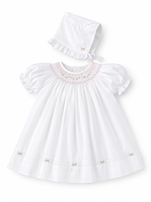 Smocked tiny floral white dress