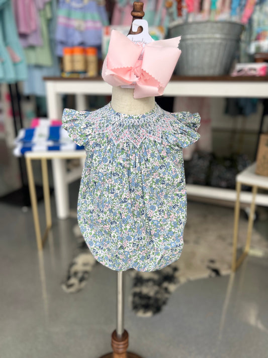 Maya blue floral smocked bubble