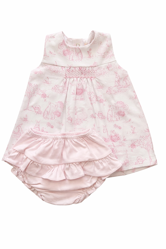 pink toile bunnies hand smocked dress