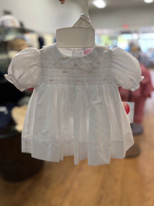 White smocked bloomer dress