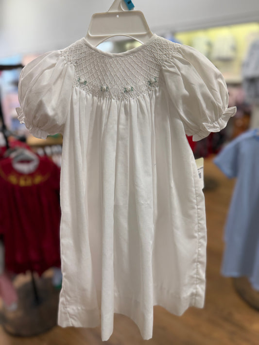 White smocked bloomer dress w/hat