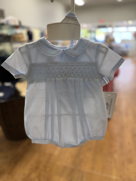 Smocked Boy blue romper hat set