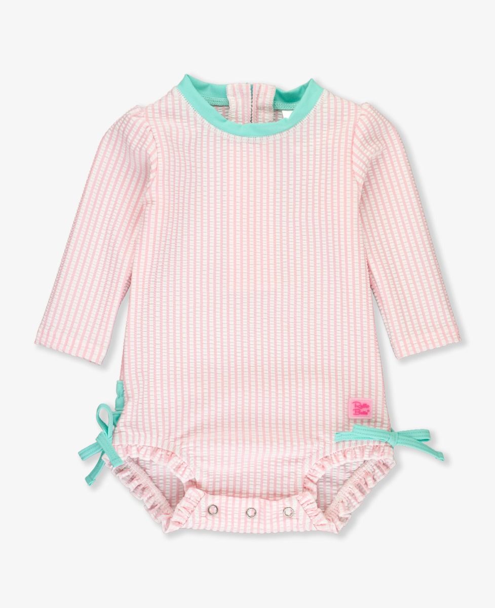 Seersucker Long Sleeve One Piece Rash Guard Swimsuit