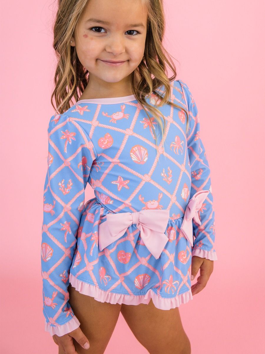 Long Sleeve One Piece Bow Peplum Rash Guard Swimsuit