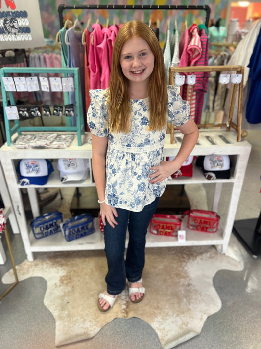 Girls Antique Floral Lace Trimmed Top