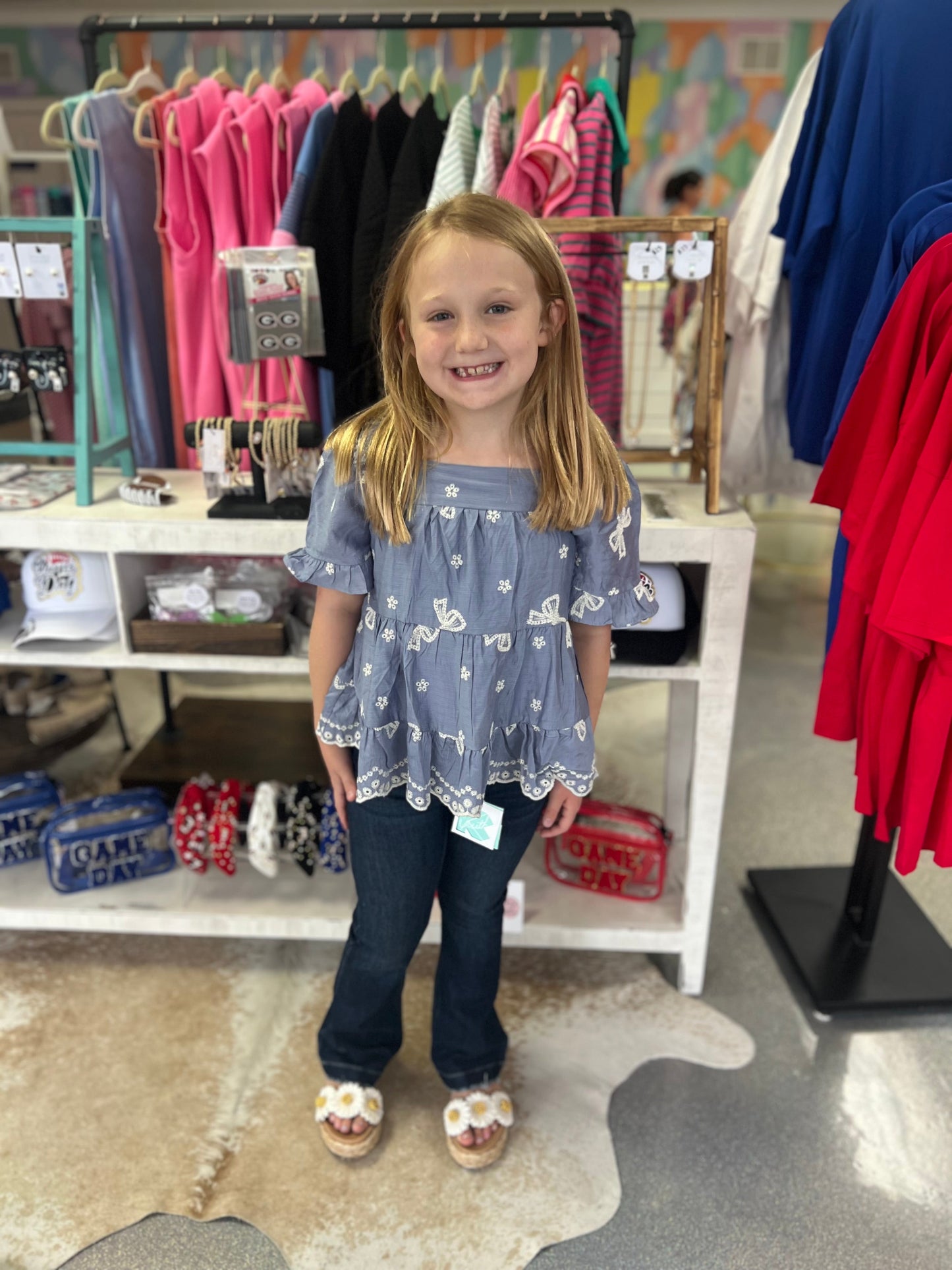 Girls Bow Embroidered Scallop Peplum Top