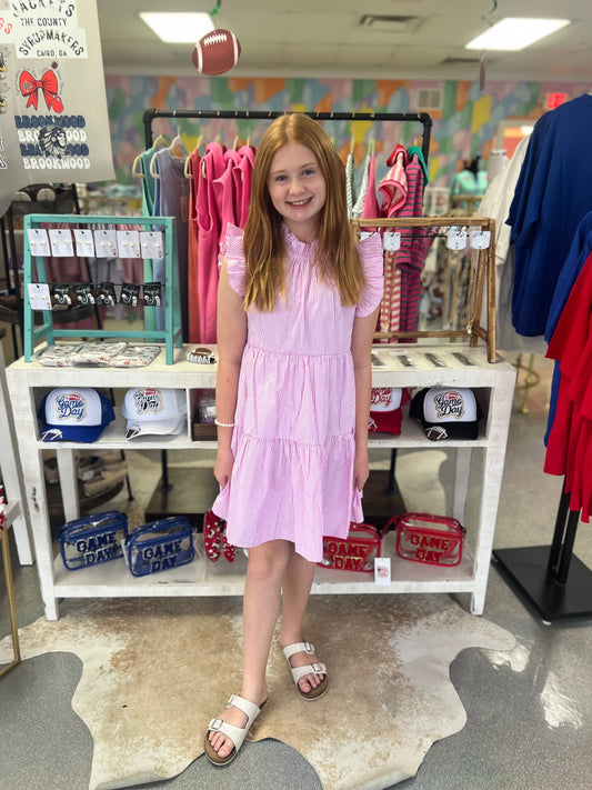 pink striped ruffle dress