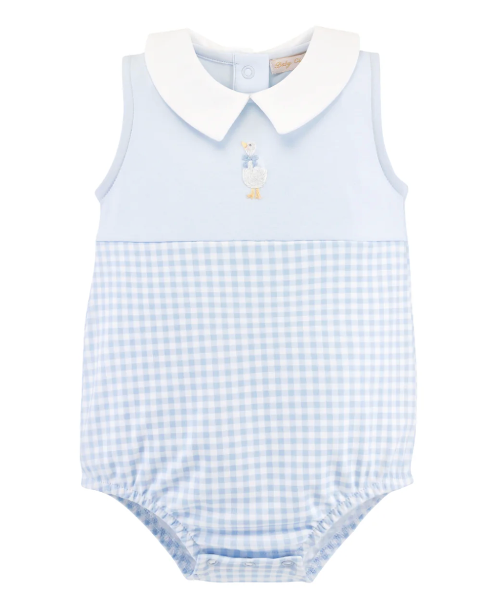 springtime goose - boy light blue gingham bubble w/ embroidery