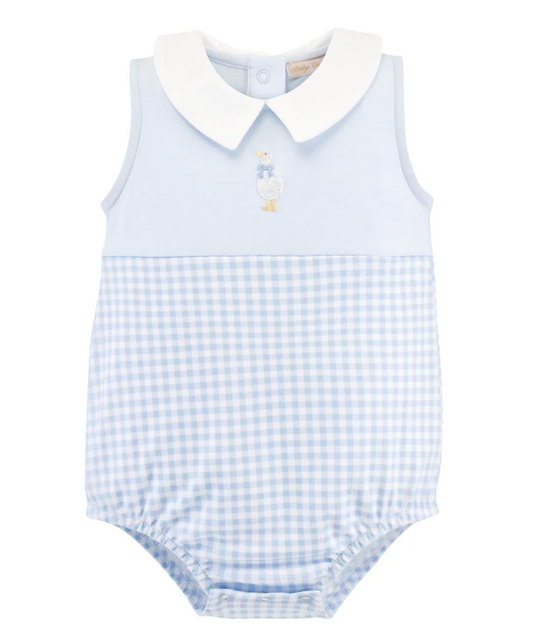 springtime goose - boy light blue gingham bubble w/ embroidery