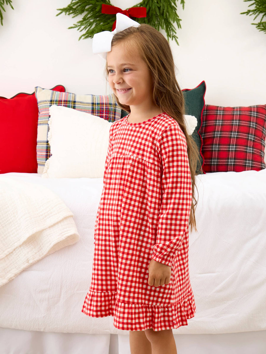 SoftSnooze™ Girls Red & White Gingham Long Sleeve Ruffle Pajama Night Gown