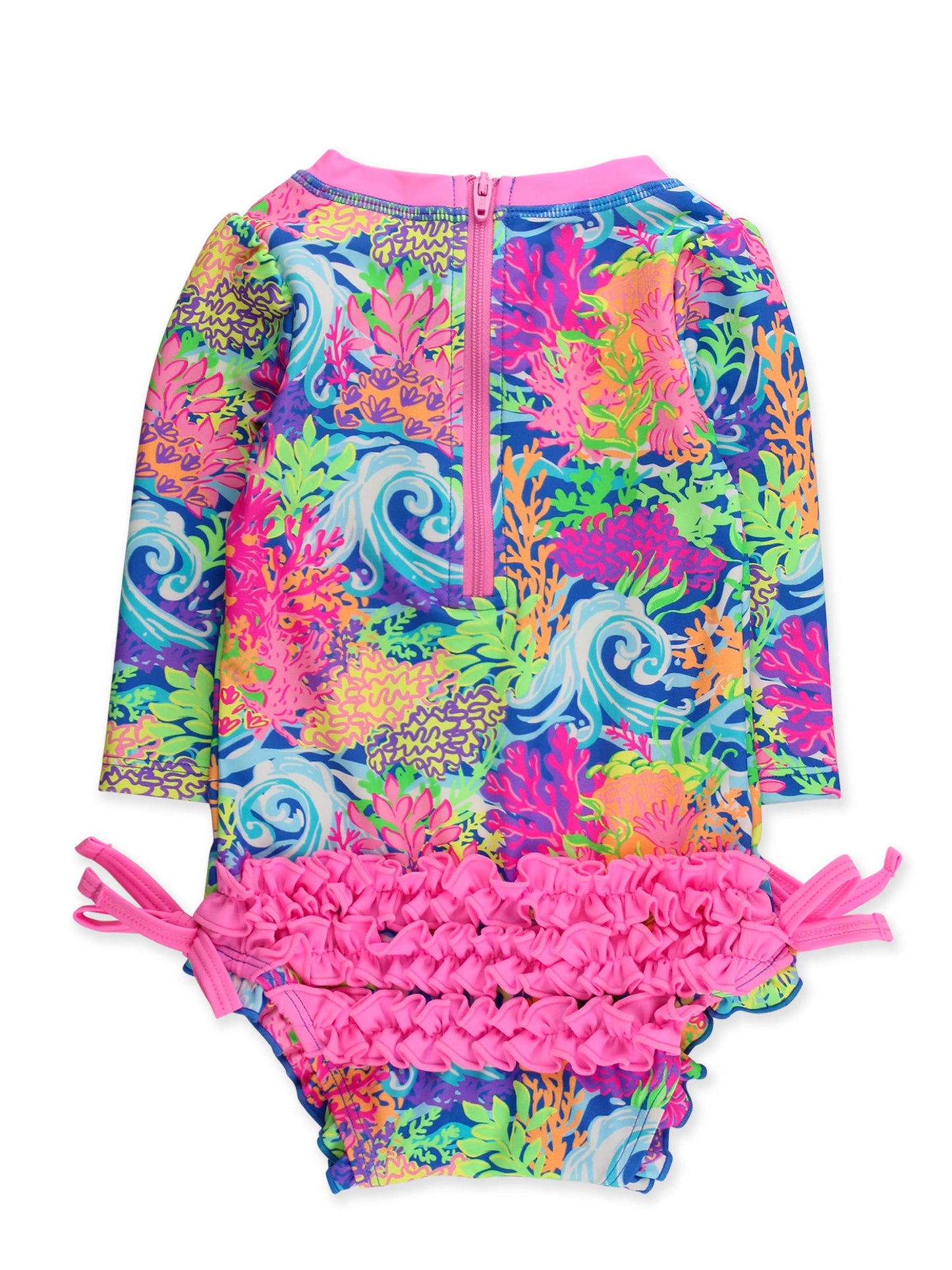 Baby Girls Neon Ocean Coral Long Sleeve One Piece Rash Guard Swimsuit with Signature Rear Ruffles
