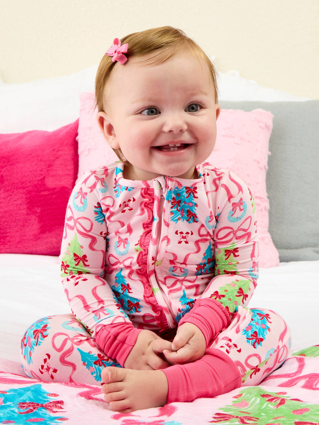 SoftSnooze™ Baby Girls Bamboo Viscose Merry & Bright Christmas Bows Convertible Ruffle One Piece Footie Pajama