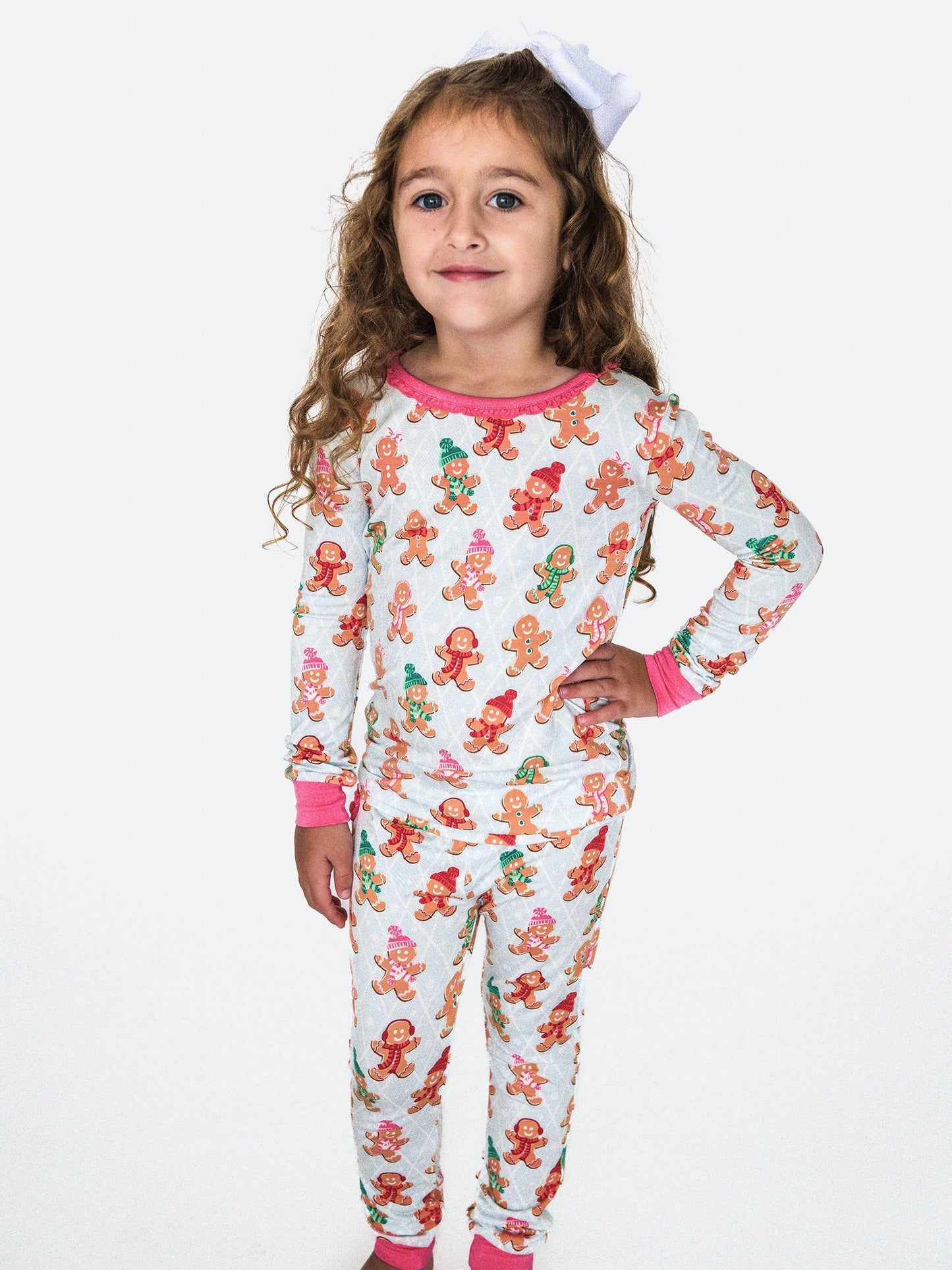 SoftSnooze™ Toddler Girls Bamboo Viscose Pink Gingerbread Buddies Ruffle Long Sleeve Pajama Set with Signature Rear Ruffles