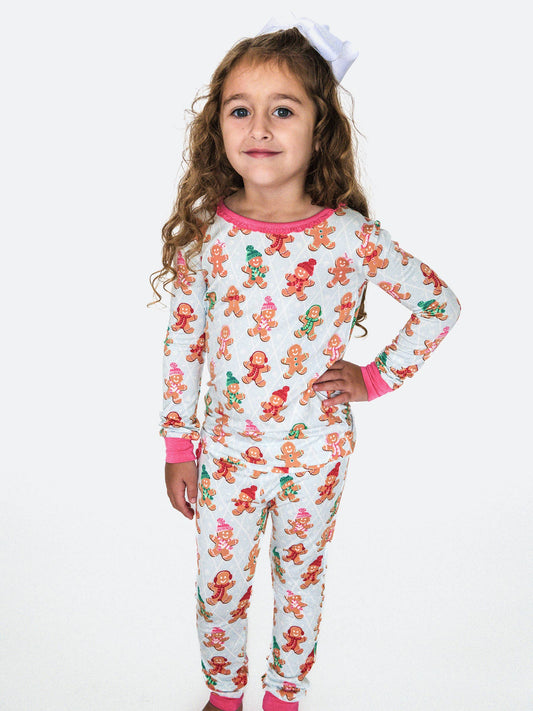 SoftSnooze™ Toddler Girls Bamboo Viscose Pink Gingerbread Buddies Ruffle Long Sleeve Pajama Set with Signature Rear Ruffles