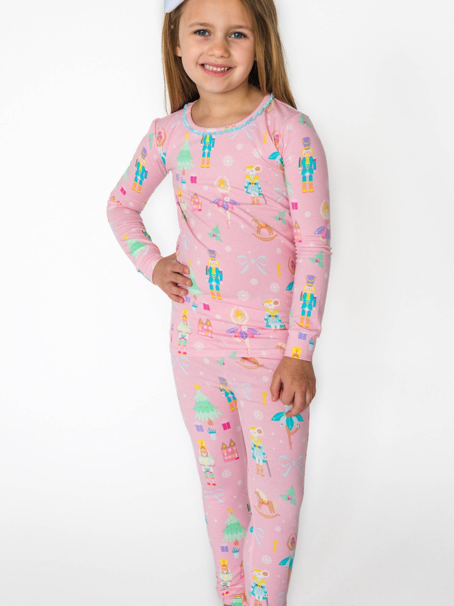 SoftSnooze™ Girls Cotton Modal Sugarplum Dreams Ruffle Long Sleeve Pajama Set