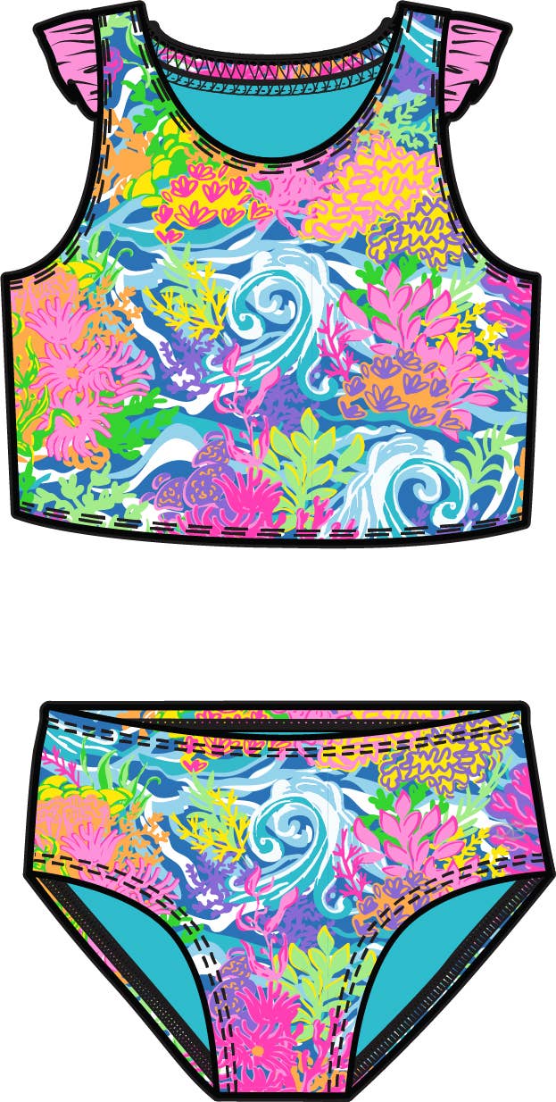Girls Neon Ocean Coral Racerback Flutter Tankini 2-Piece Swimsuit