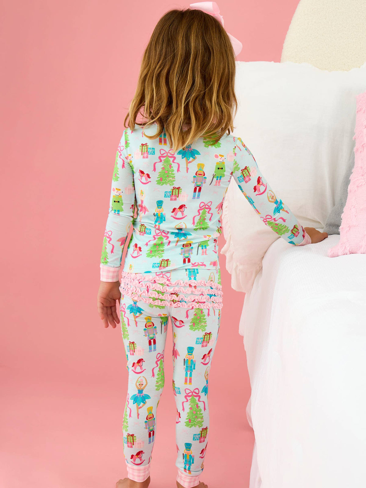 SoftSnooze™ Toddler Girls Bamboo Viscose Nutcracker Christmas Wishes Ruffle Long Sleeve Pajama Set with Signature Rear Ruffles