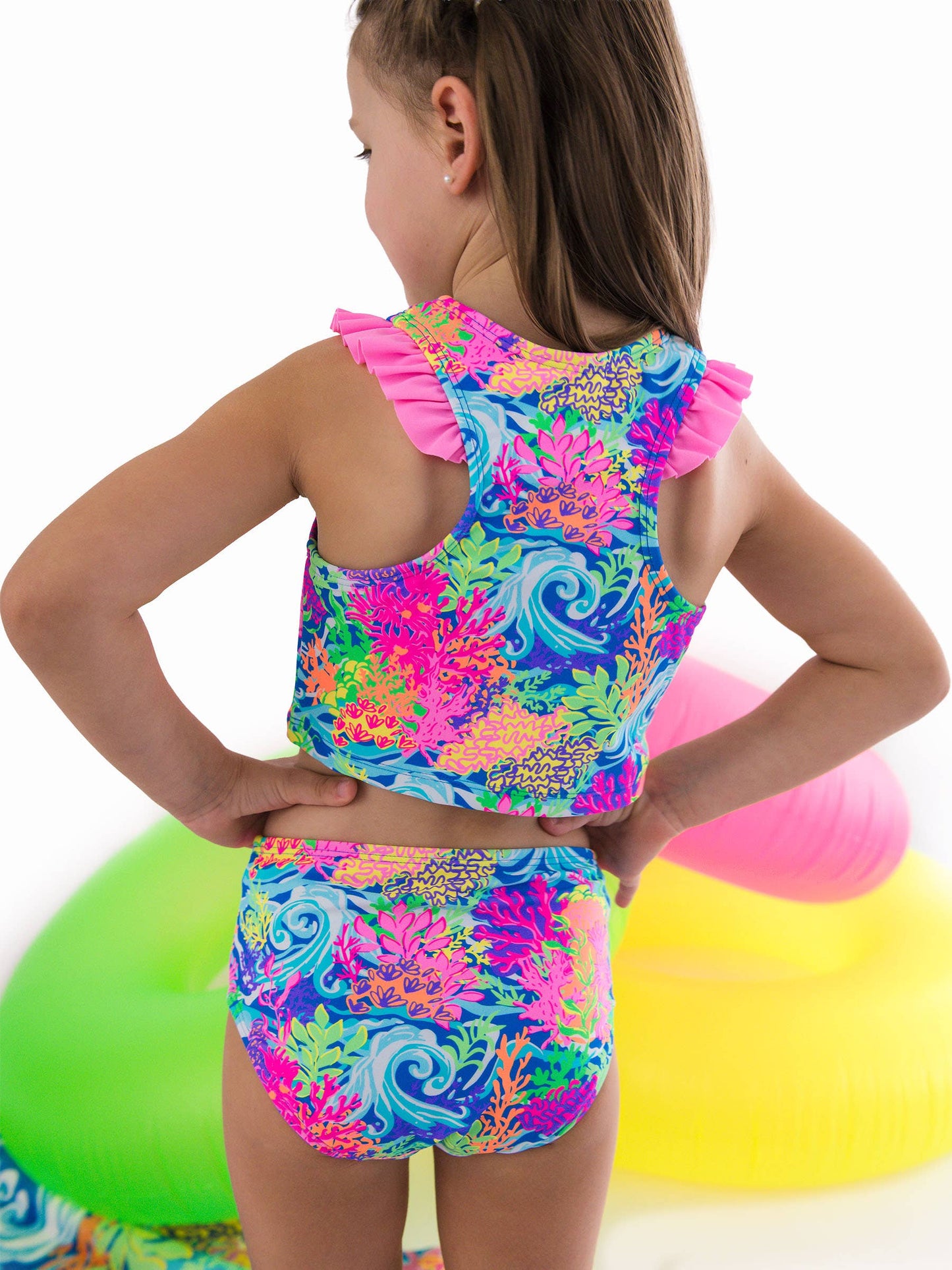 Girls Neon Ocean Coral Racerback Flutter Tankini 2-Piece Swimsuit