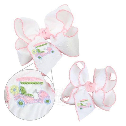 EMBROIDERED GOLF CART CROCHET EDGE HAIR BOW