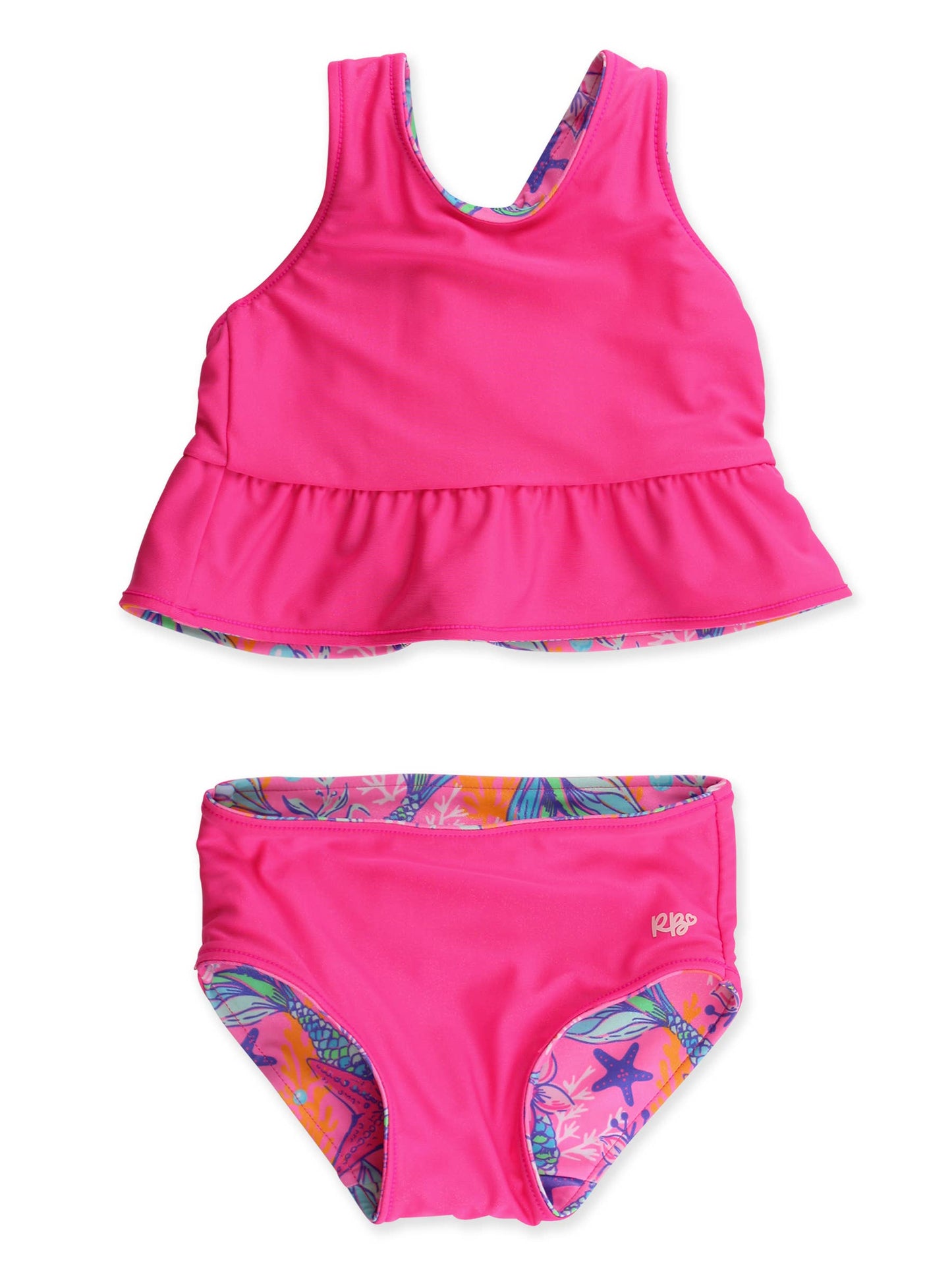 Girls Neon Shimmer Mermaid Reversible Peplum Tankini 2-Piece Swimsuit