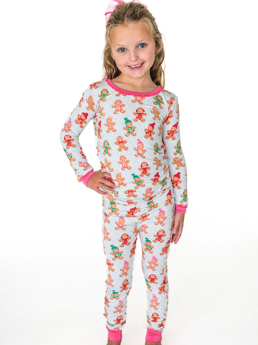 SoftSnooze™ Girls Bamboo Viscose Pink Gingerbread Buddies Ruffle Long Sleeve Pajama Set