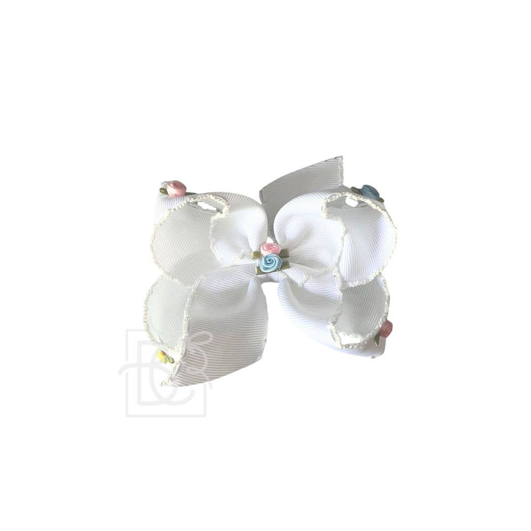 FLOWER EMBELLISHED CROCHET EDGE BOW ON ALLIGATOR CLIP