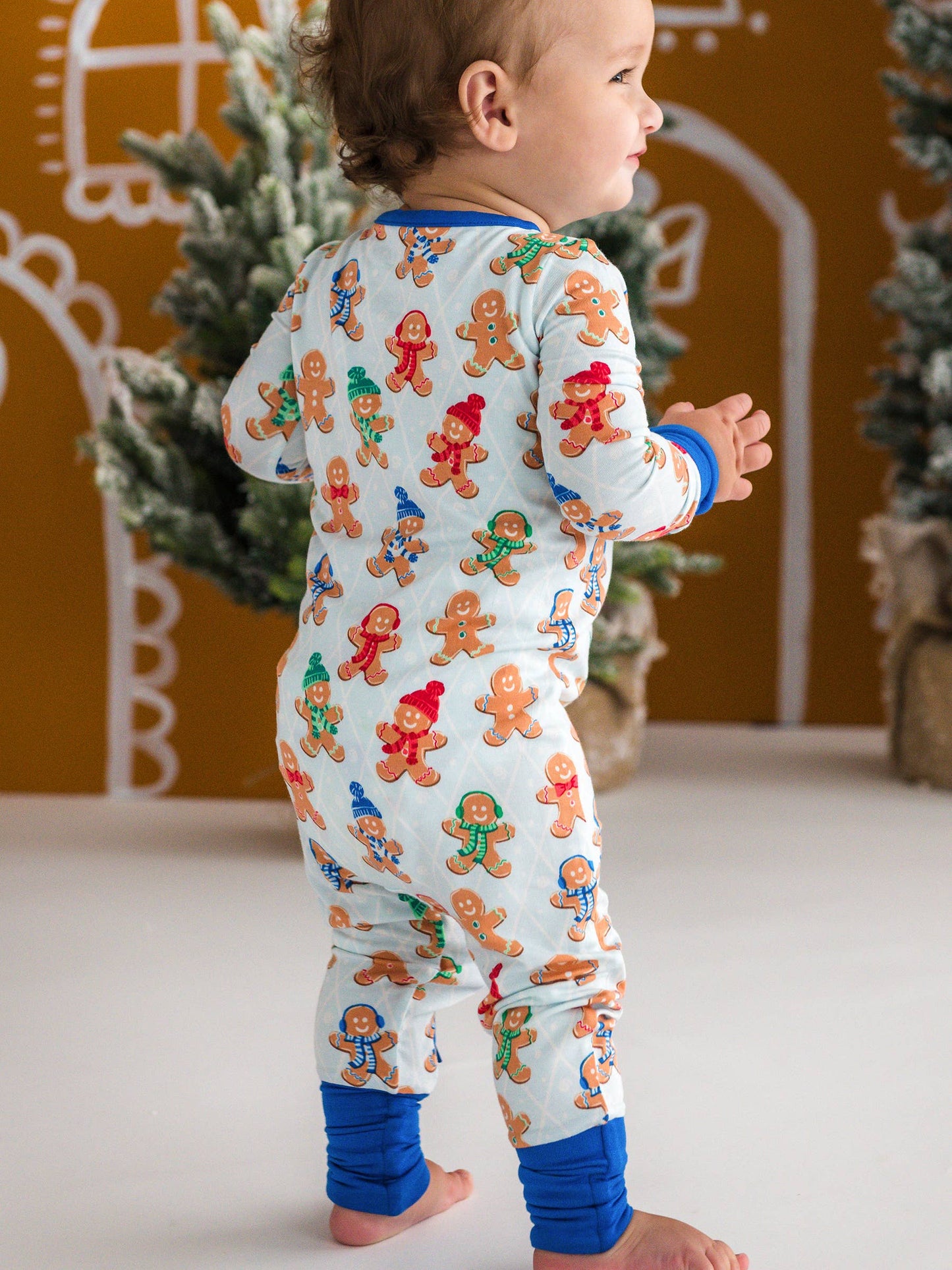 SoftSnooze™ Baby Bamboo Viscose Blue Gingerbread Buddies Convertible One Piece Footie Pajama