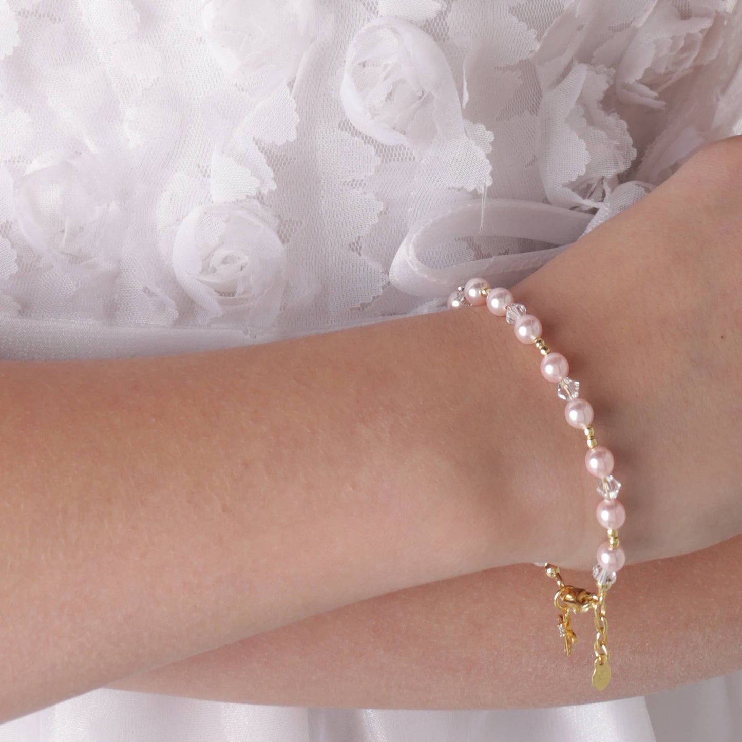 14K Pink Pearl Cross Bracelet Baptism