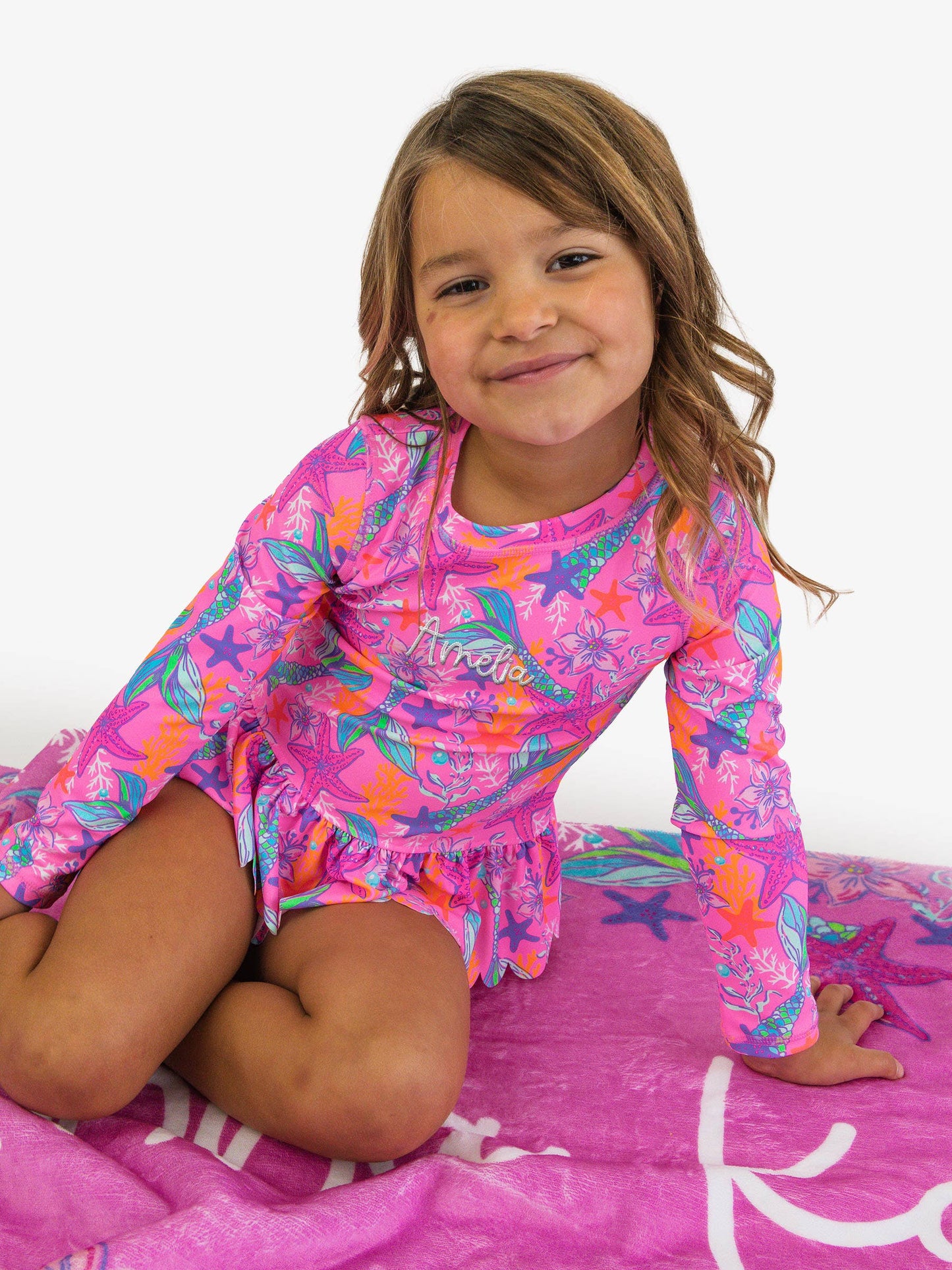 Girls Neon Shimmer Mermaid Scallop Hem Long Sleeve Rash Guard 2-Piece Swimsuit with Signature Rear Ruffles