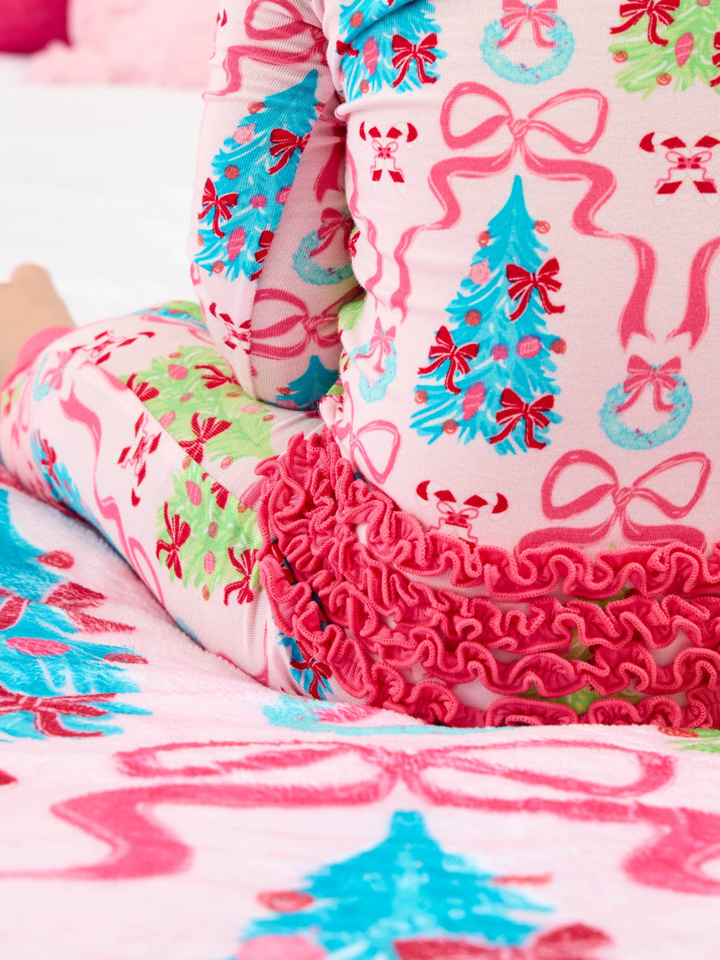 SoftSnooze™ Baby Girls Bamboo Viscose Merry & Bright Christmas Bows Convertible Ruffle One Piece Footie Pajama