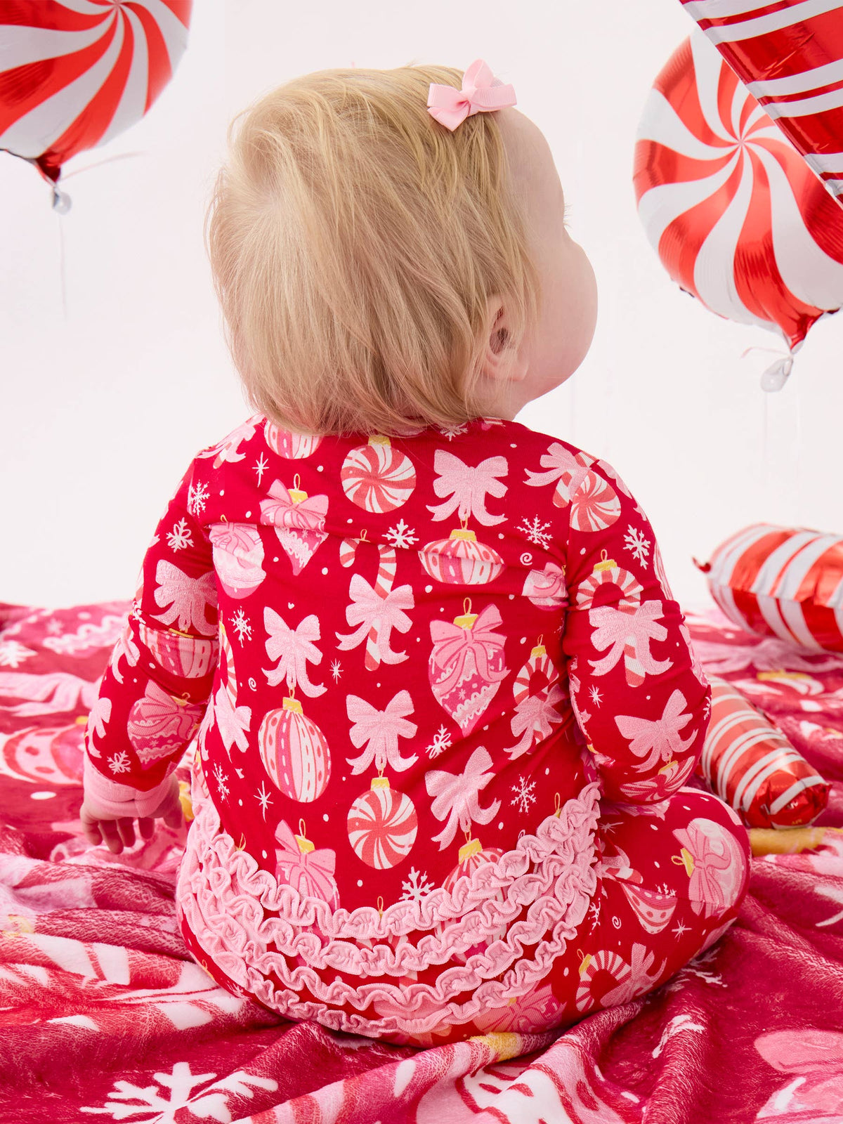 SoftSnooze™ Baby Girls Bamboo Viscose Red Holly Christmas Ornament Bows Convertible Ruffle One Piece Footie Pajama