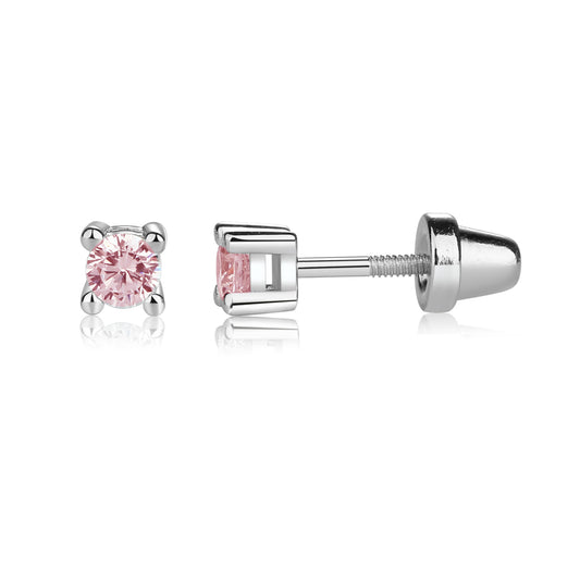 Sterling Silver Screw-Back Pink CZ Stud Earrings Baby & Kids
