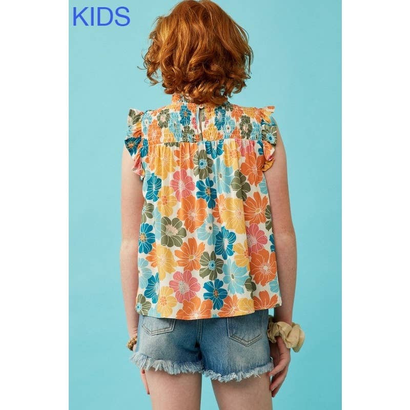 Girls Floral Smocked Ruffle Detail Tank