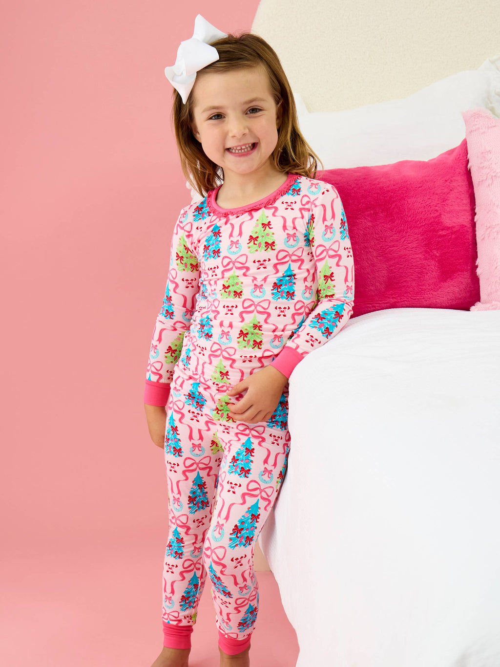 SoftSnooze™ Toddler Girls Bamboo Viscose Merry & Bright Christmas Bows Ruffle Long Sleeve Pajama Set with Signature Rear Ruffles