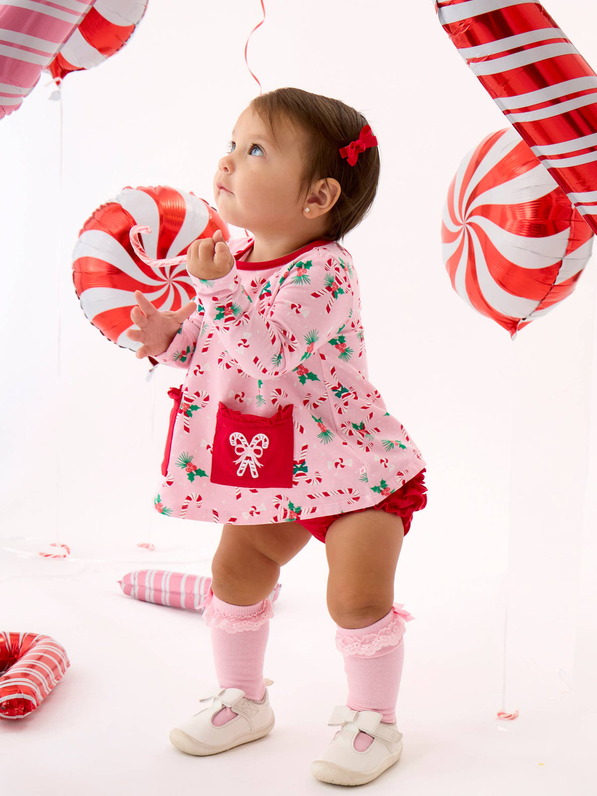 Baby Girls Holly Candy Canes Christmas Knit Long Sleeve Applique Pocket Swing Top & Ruffle Bloomer Set